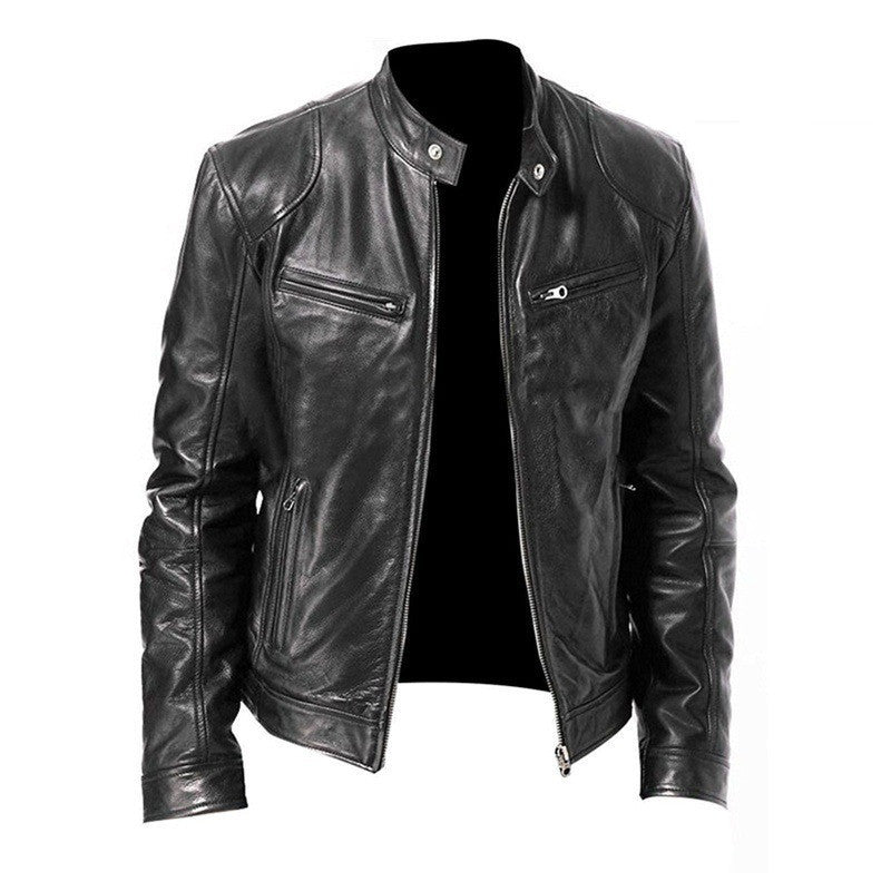 Men's Zip Cardigan PU Leather Jacket With Stand Collar