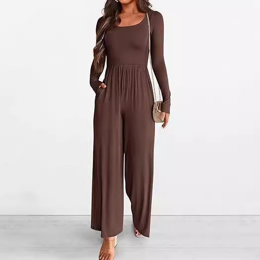 Autumn And Winter Draping Solid Color Sports Long Sleeve Jumpsuit Wide-leg Pants