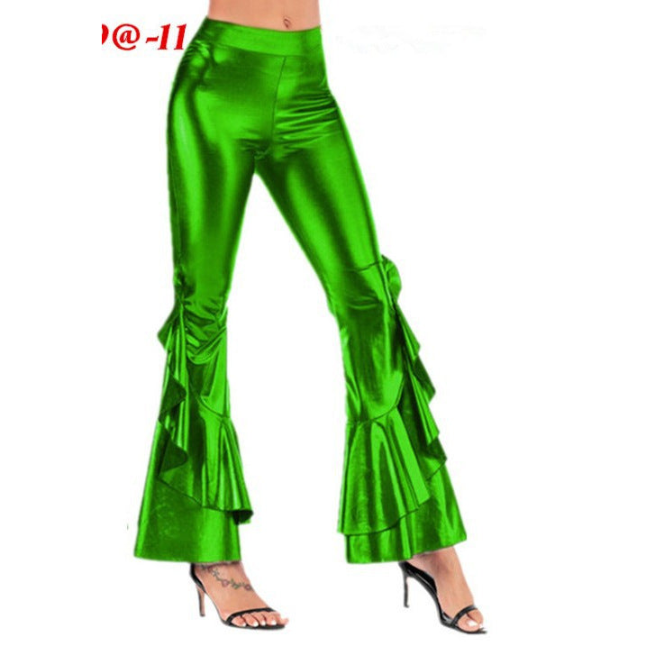 Women's Bright Slim-fit Imitation Leather Irregular Bell-bottom Pants