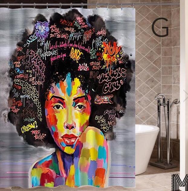 Art Design Graffiti Art Hip Hop African Girl with Black Hair Big Earring with Modern Building Shower Curtain for Bathroom Decor