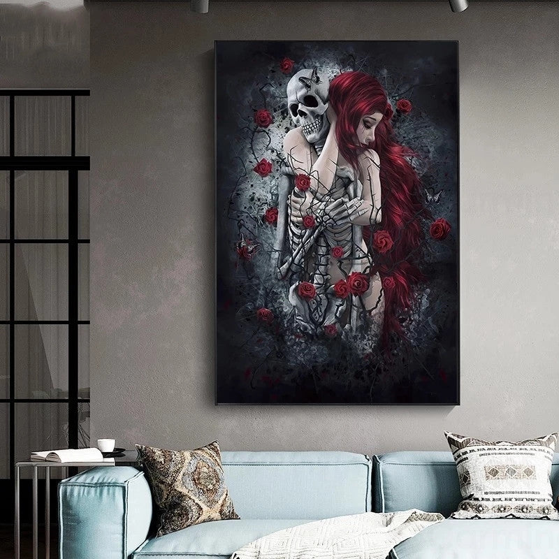 Skull Wall Art Painting Red Rose Canvas Picture Long-Haired Woman Poster and Print for Home Interior Decor Frameless Wall Print