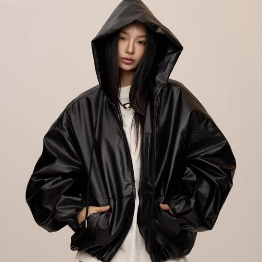 Women's Black Hooded Leather Coat