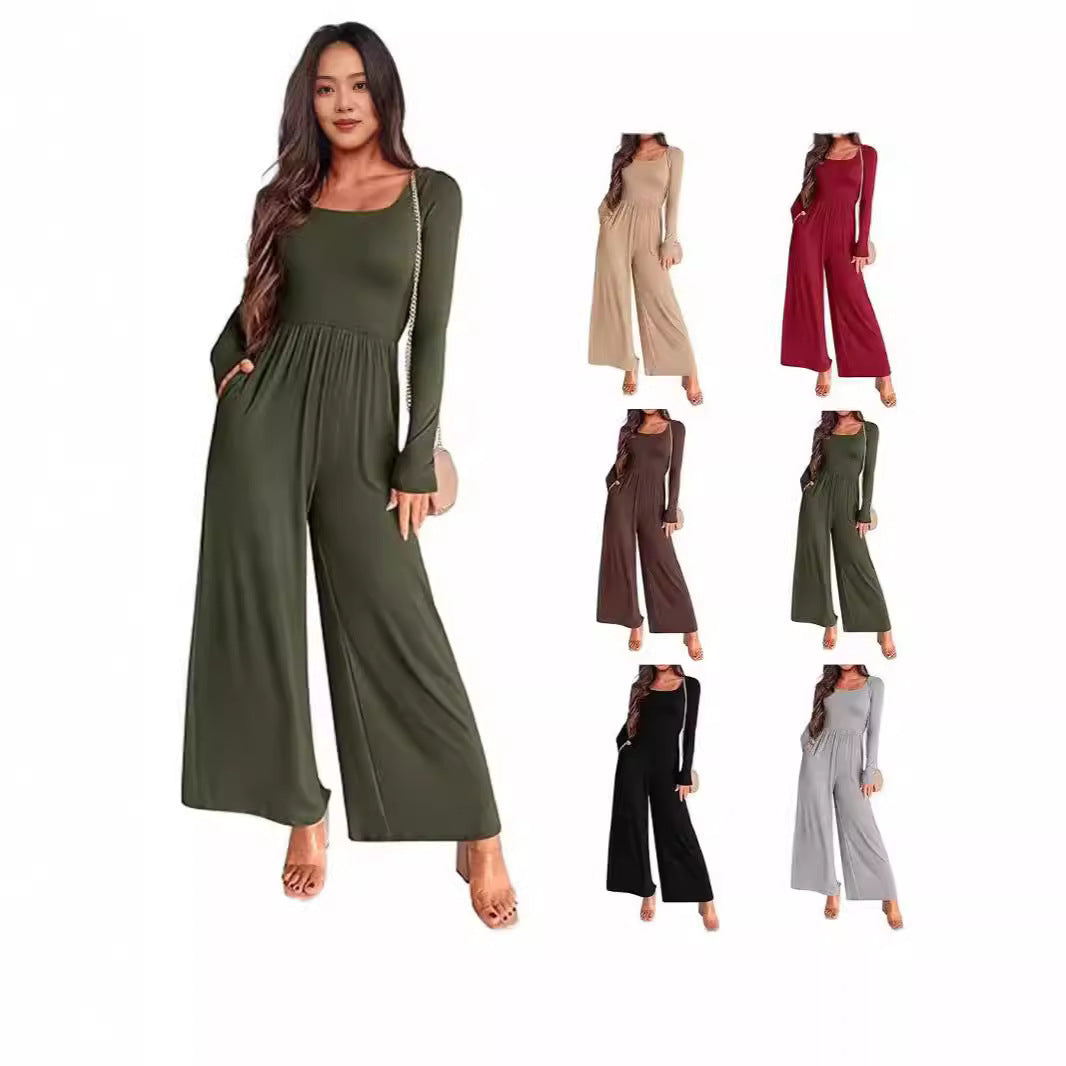 Autumn And Winter Draping Solid Color Sports Long Sleeve Jumpsuit Wide-leg Pants