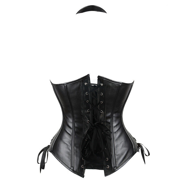 Corset European And American Corset Sexy Halter Black Leather Retro