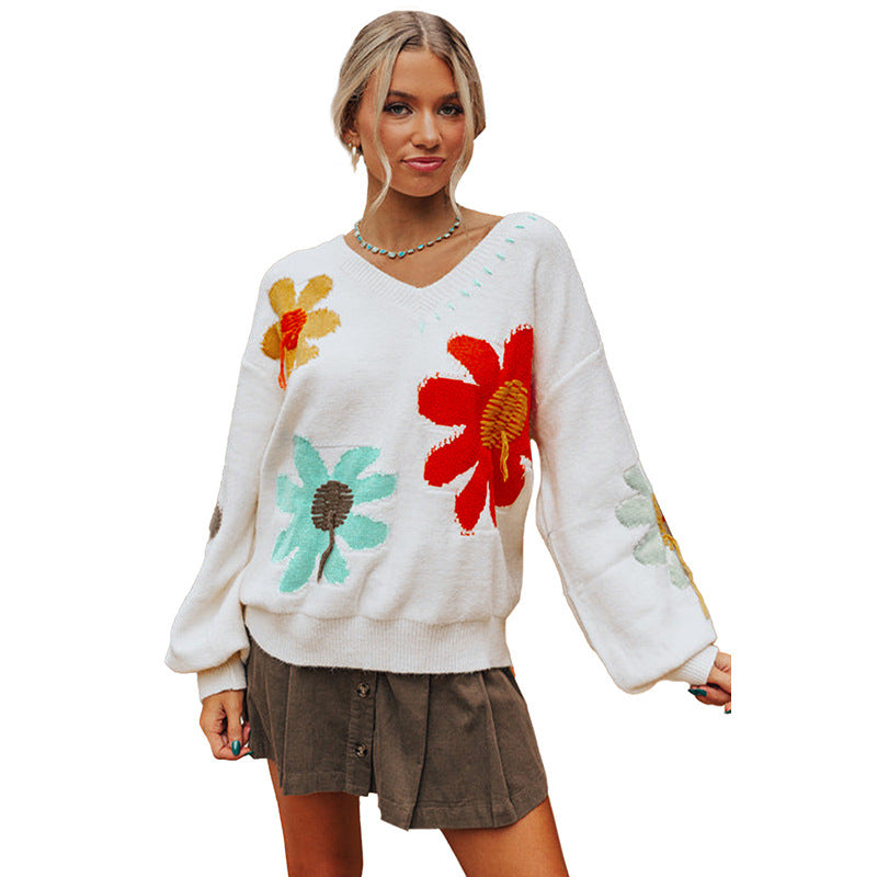 Women's V-neck Knitted Top European And American Leisure Floral Sweater