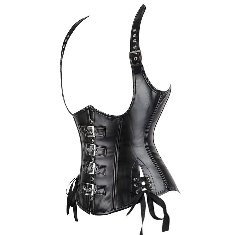 Corset European And American Corset Sexy Halter Black Leather Retro