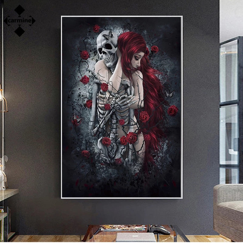 Skull Wall Art Painting Red Rose Canvas Picture Long-Haired Woman Poster and Print for Home Interior Decor Frameless Wall Print