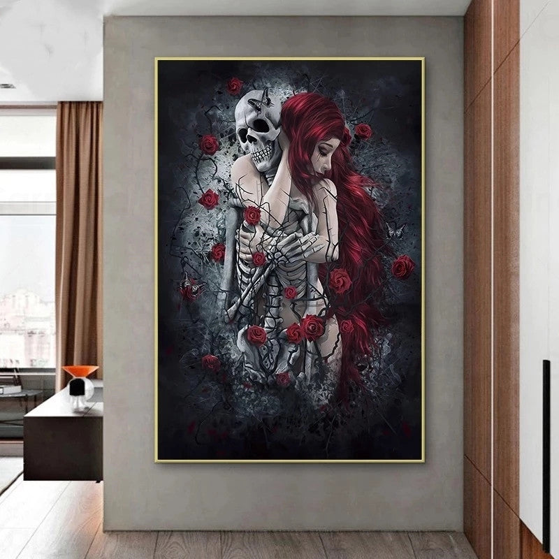 Skull Wall Art Painting Red Rose Canvas Picture Long-Haired Woman Poster and Print for Home Interior Decor Frameless Wall Print