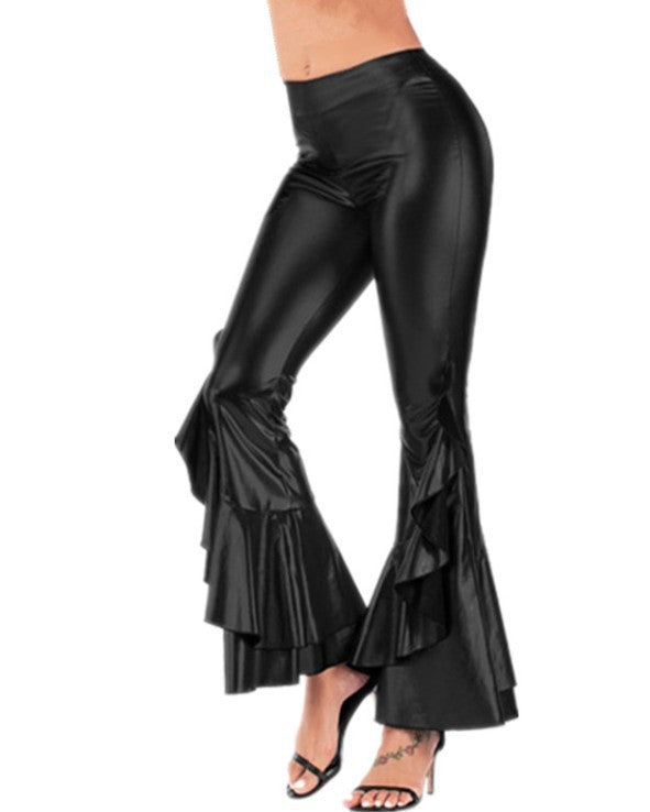 Women's Bright Slim-fit Imitation Leather Irregular Bell-bottom Pants